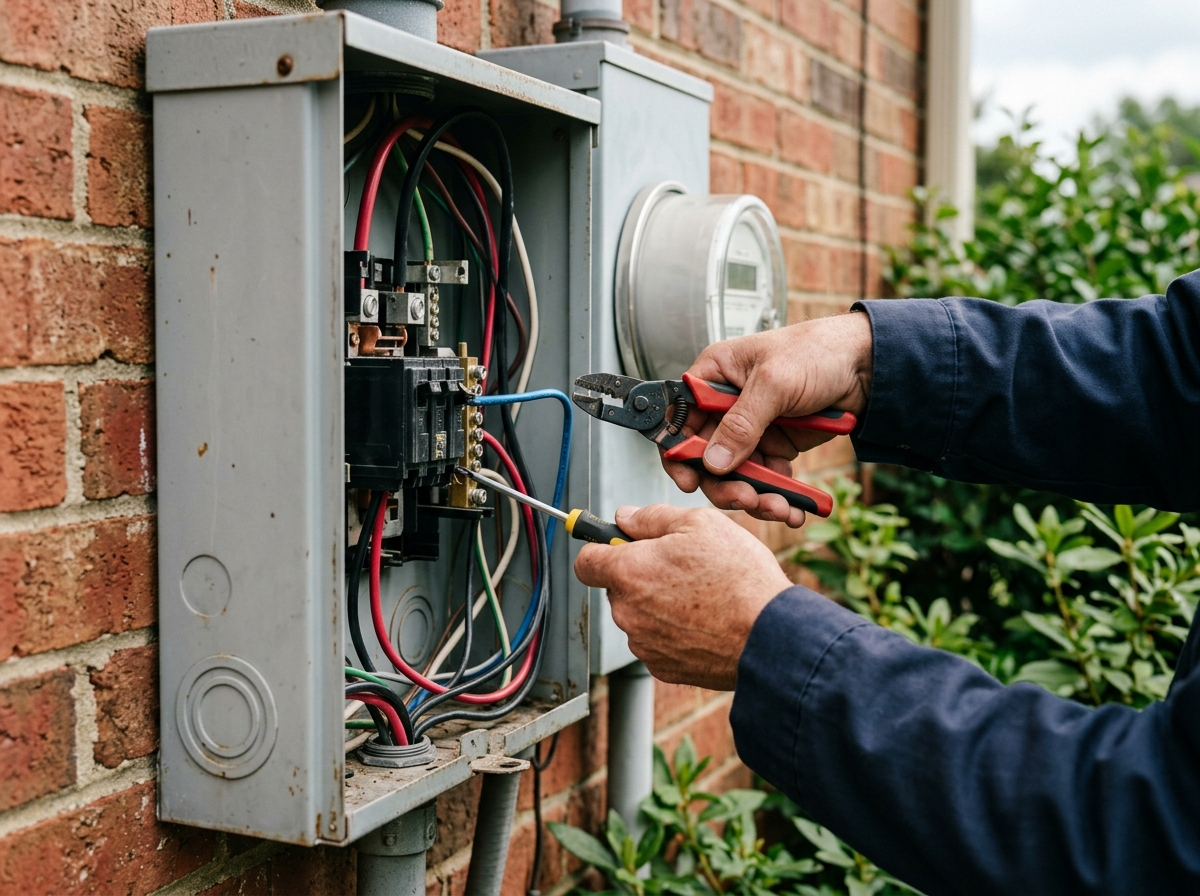 Close-up of electrician's hands connecting wires inside an outdoor home electrical meter panel