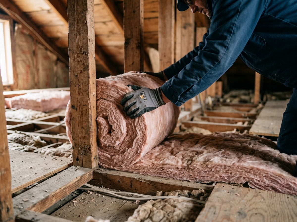 Gloved hands hold a thick batt insulation roll beside bare attic floor joists closely