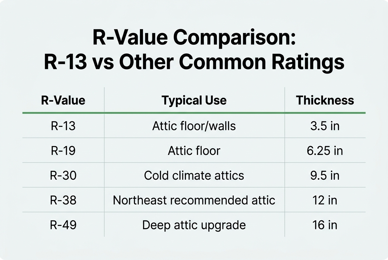 Infographic: Comparison table titled R-Value Comparison: R-13 vs Other Common Ratings