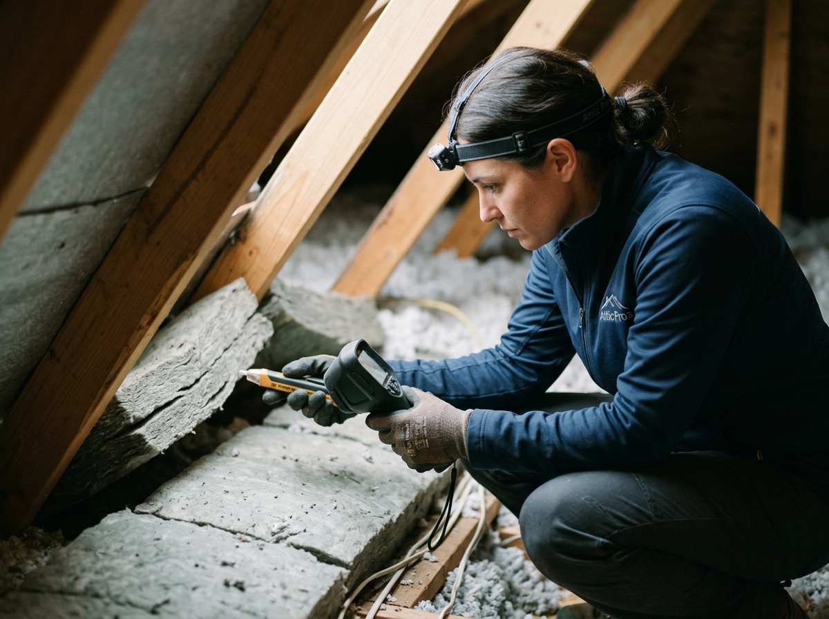Technician inspects thin, compressed attic insulation near a sagging gap by the roofline