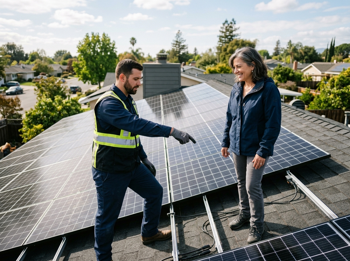 Homeowner and technician reviewing rooftop solar panels together on suburban home roof