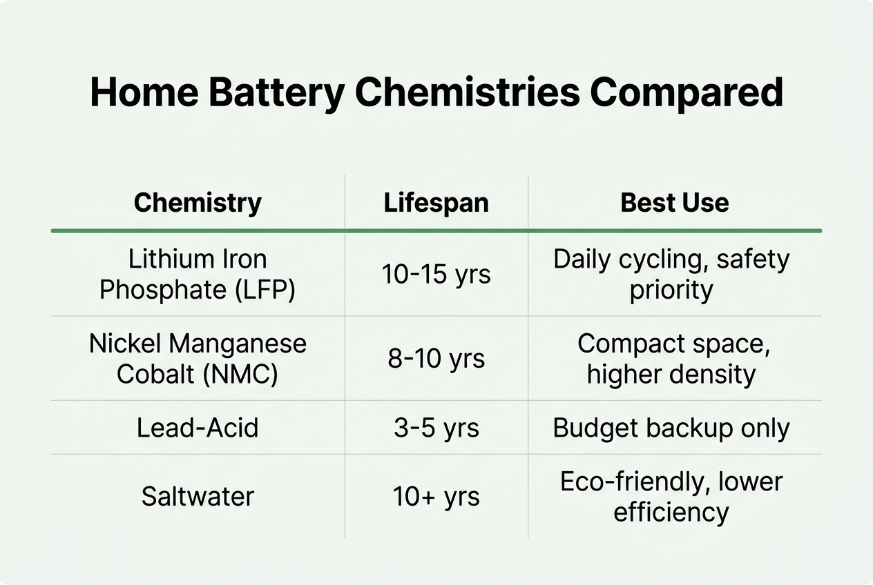 Infographic: Comparison table titled 'Home Battery Chemistries Compared'