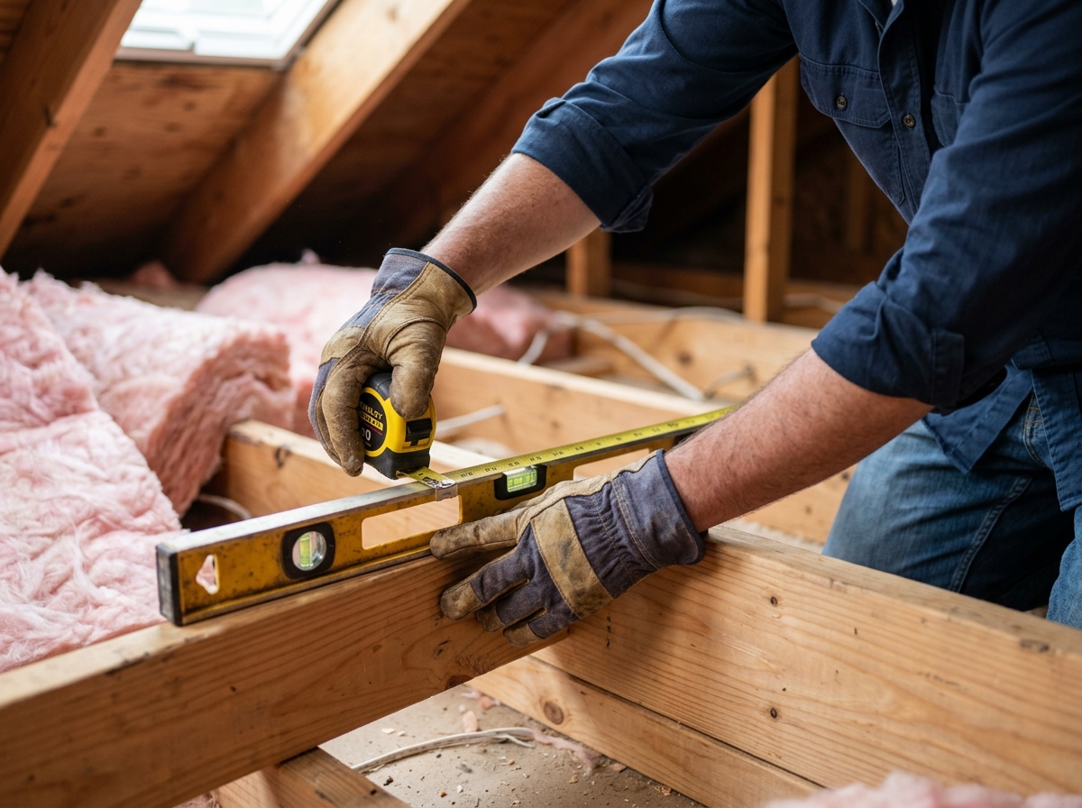 Gloved hands hold a tape measure and level against open attic joists near insulation rolls