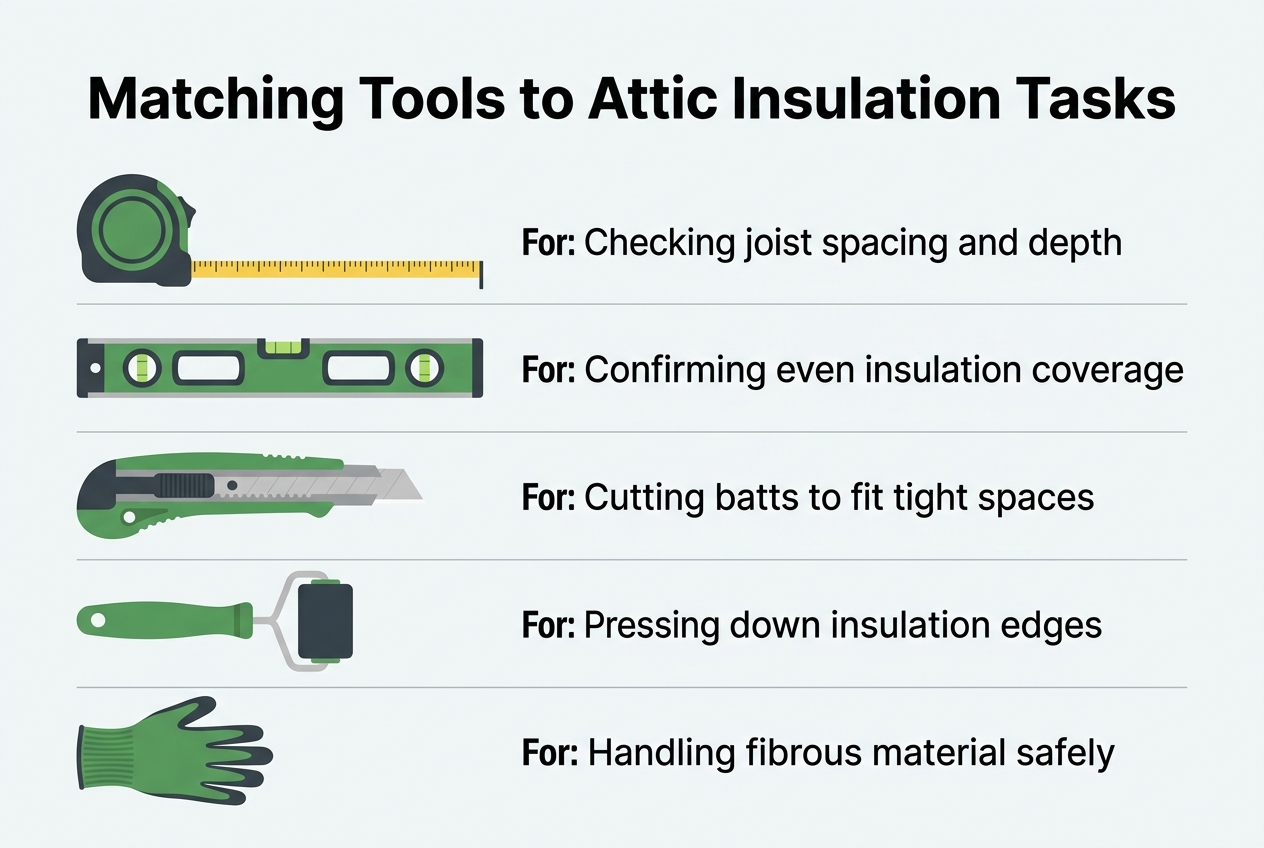 Infographic: Title: Matching Tools to Attic Insulation Tasks