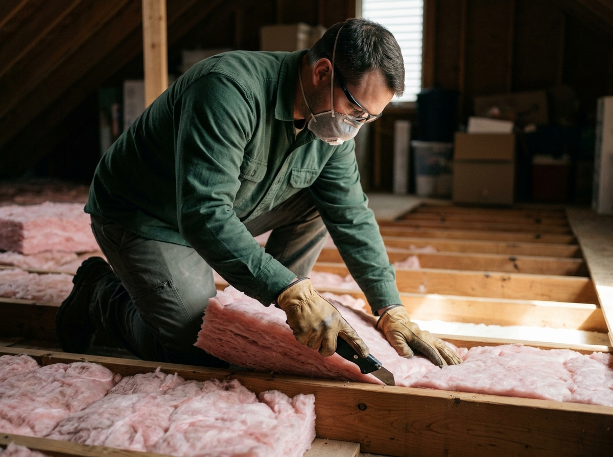 Insulation installer trims fiberglass batt with a utility knife beside attic floor joists