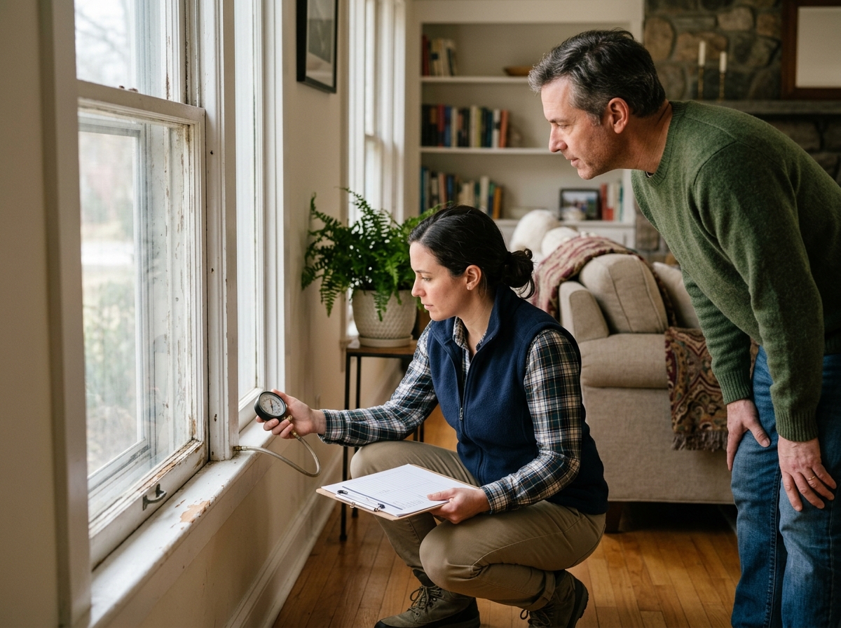 Auditor with clipboard and blower-door-style gauge checking drafty window frame beside New Jersey homeowner in living room