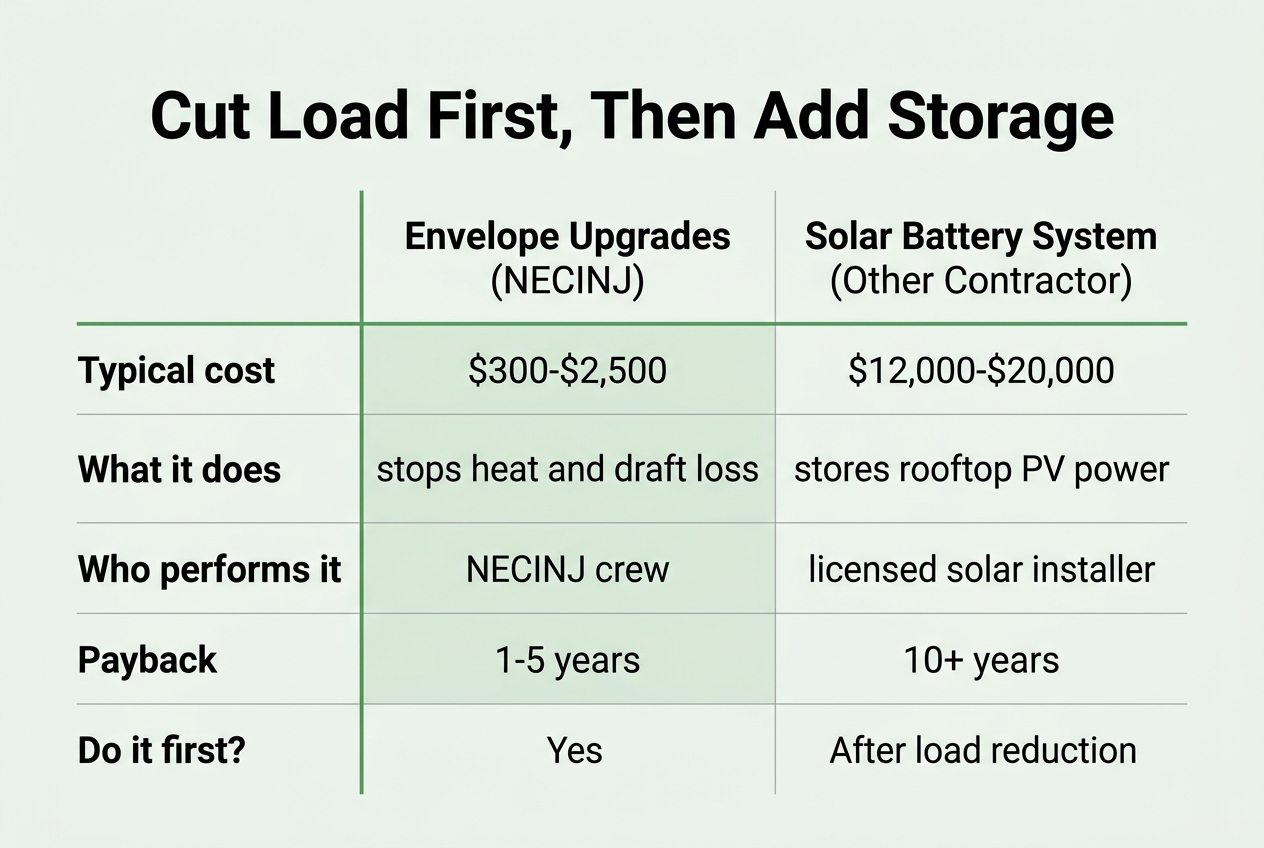 Infographic: Comparison table titled "Cut Load First, Then Add Storage"