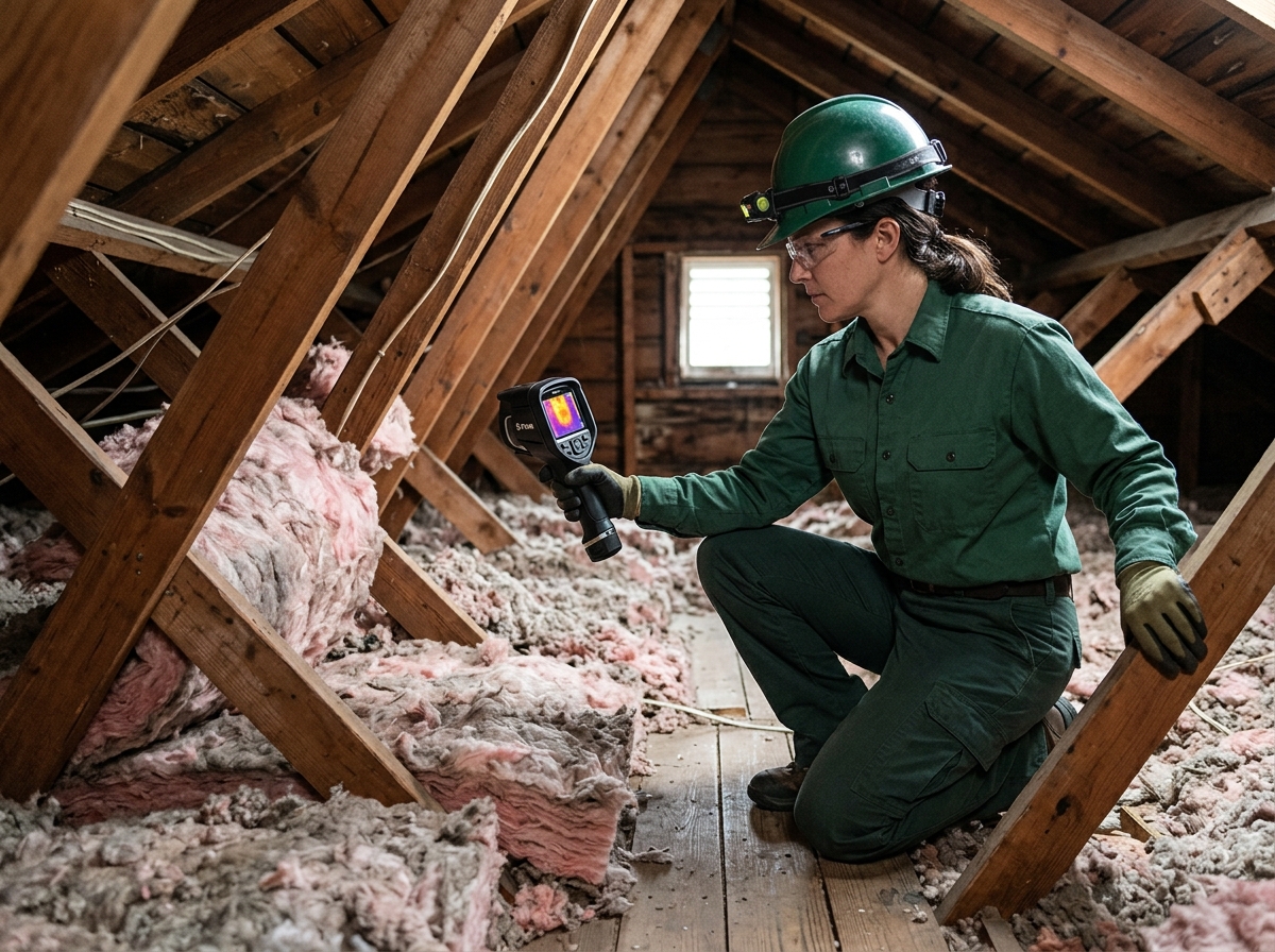 Energy auditor holding infrared camera inspecting attic insulation in a New Jersey home