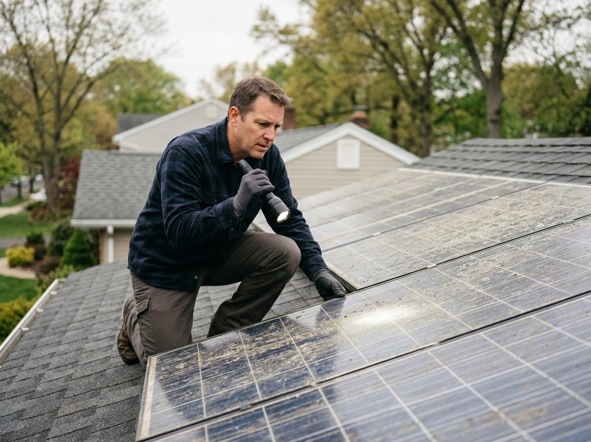 Homeowner pointing a flashlight at dusty, discolored solar panels on a suburban New Jersey rooftop