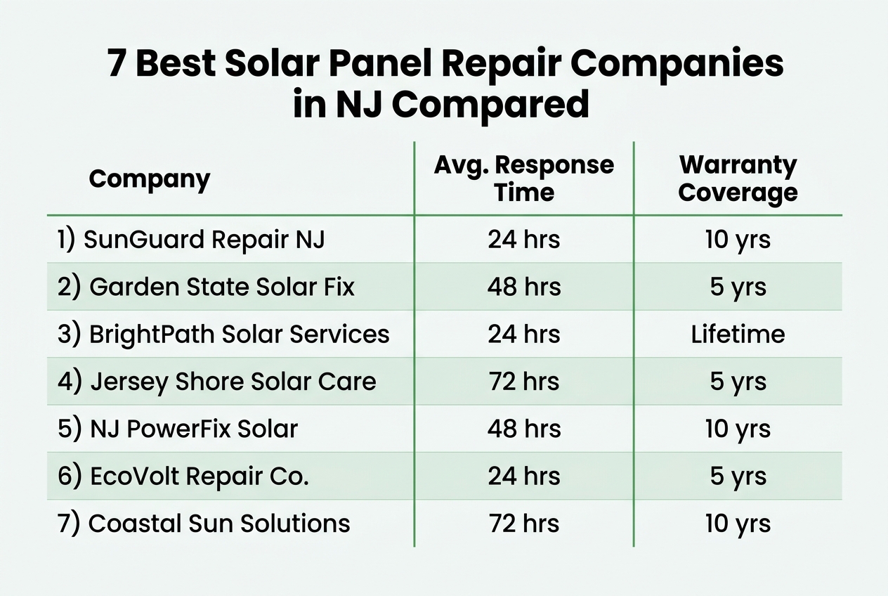 Infographic: Comparison table titled '7 Best Solar Panel Repair Companies in NJ Compared'