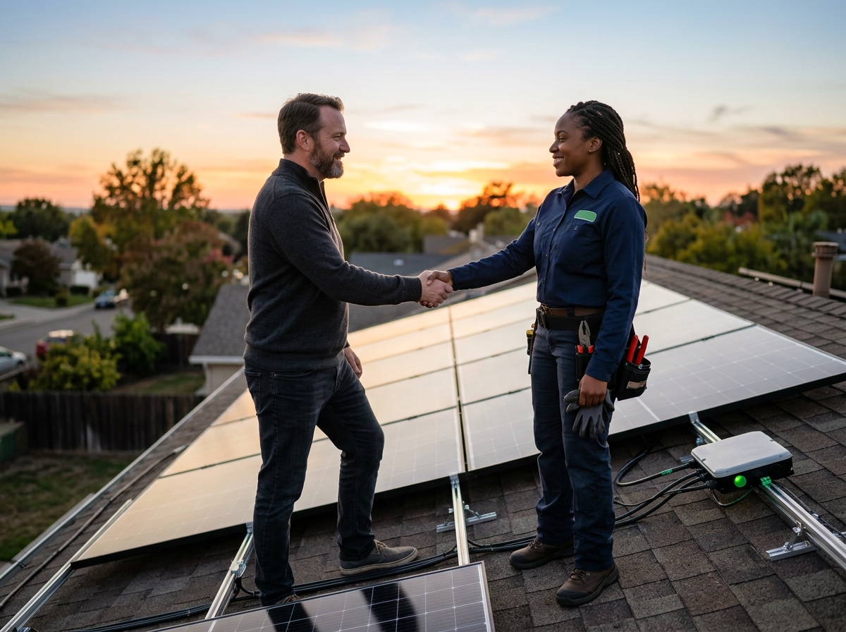 Certified technician shaking hands with homeowner beside a repaired rooftop solar array at sunset