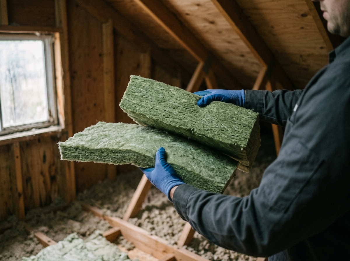 Gloved hands hold two insulation batts of different thicknesses side by side in attic