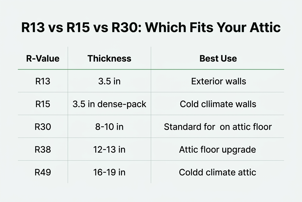 Infographic: Comparison table titled 'R13 vs R15 vs R30: Which Fits Your Attic'
