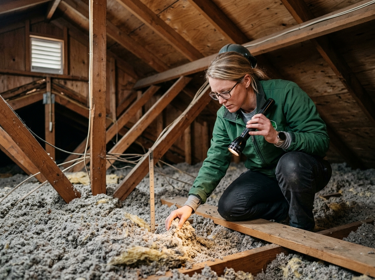 Energy auditor kneels in attic with flashlight inspecting depth of existing loose-fill insulation
