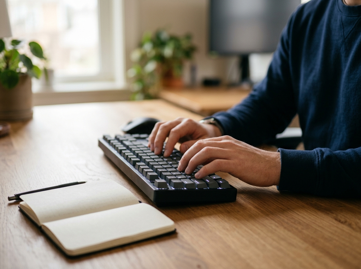 Close-up of hands typing at keyboard beside notepad listing niche keywords and topics