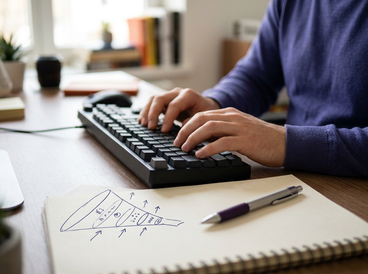 Close-up hands typing on keyboard beside a notepad sketch of ascending funnel stages and arrows