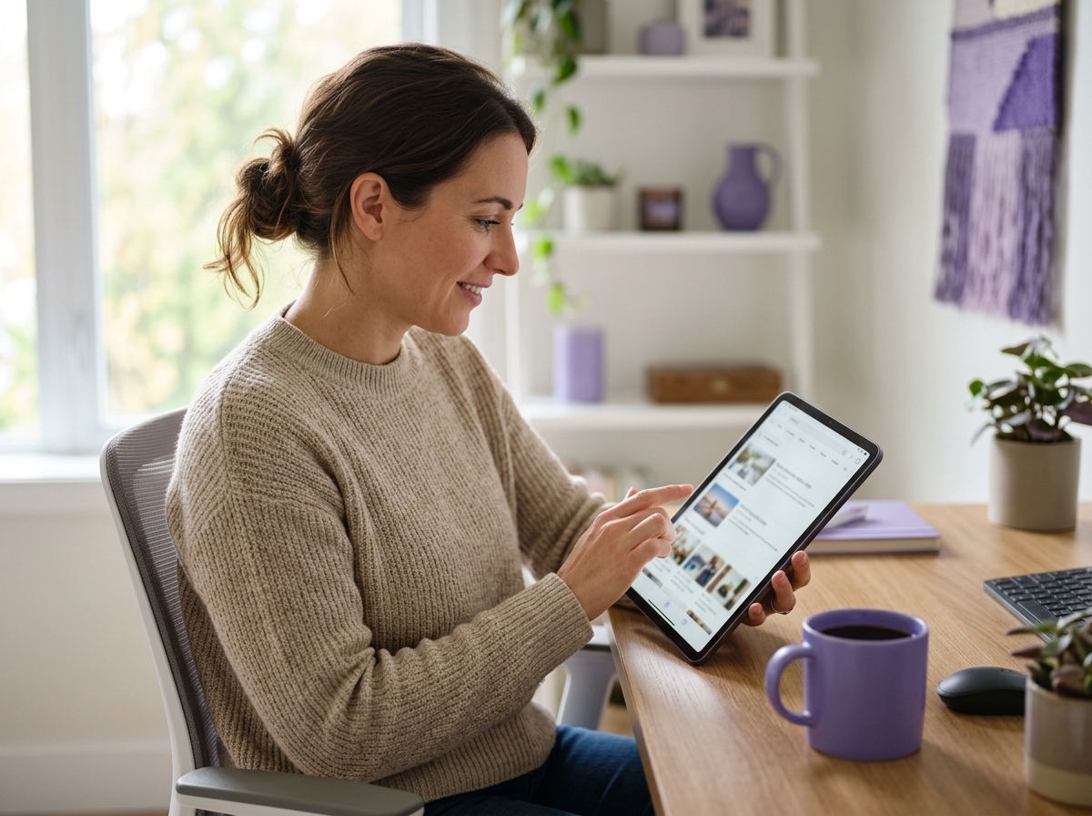 Person scrolling a search results page on a tablet at a bright home-office desk with coffee