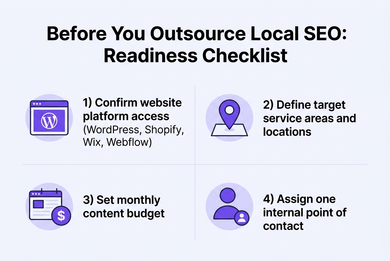 Infographic: 4-step checklist titled 'Before You Outsource Local SEO: Readiness Checklist'