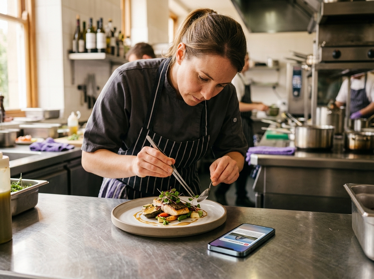 Chef plating signature dish in kitchen while phone shows article notification nearby