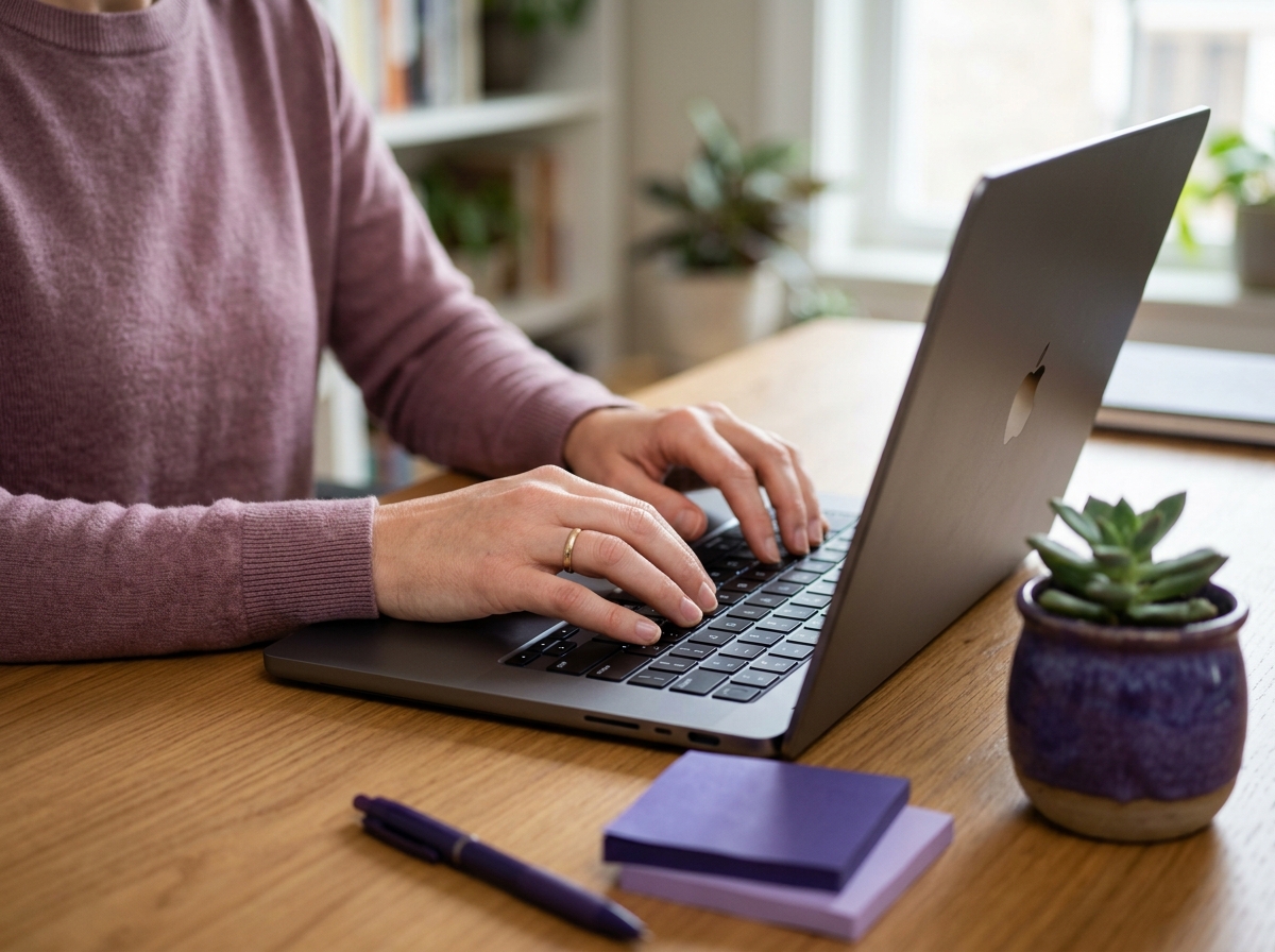 Close-up hands typing on laptop keyboard beside sticky notes and a small plant on desk