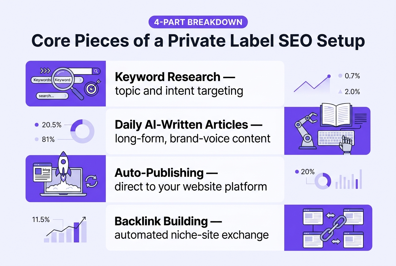 Infographic: 4-part breakdown titled 'Core Pieces of a Private Label SEO Setup'