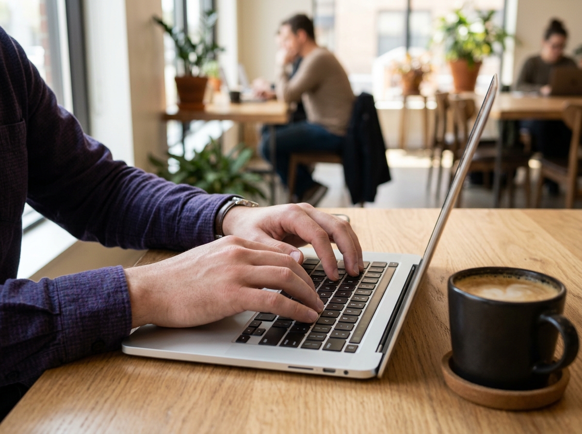 Close-up of hands typing on laptop keyboard beside a coffee cup in a sunlit coworking space