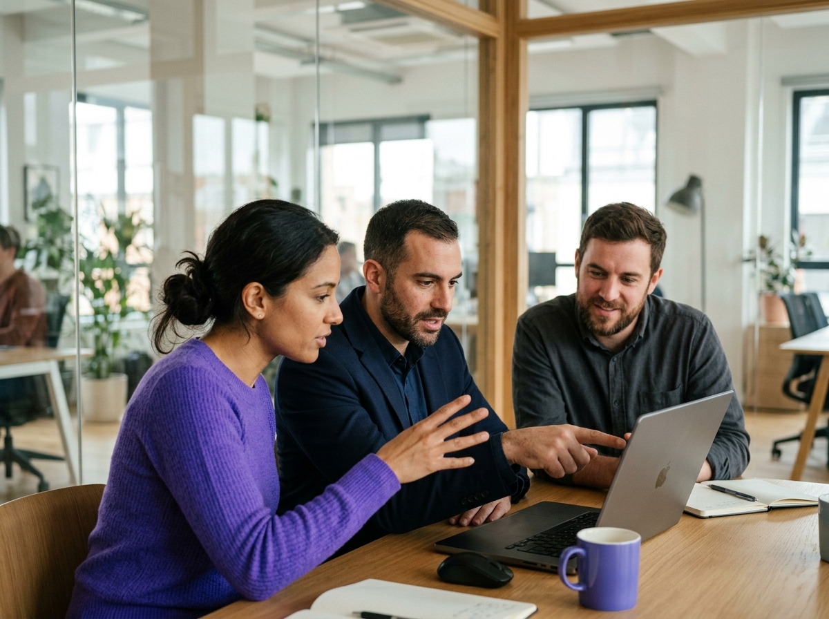 Small team gathered around a laptop, pointing at screen while discussing strategy in glass-walled meeting room