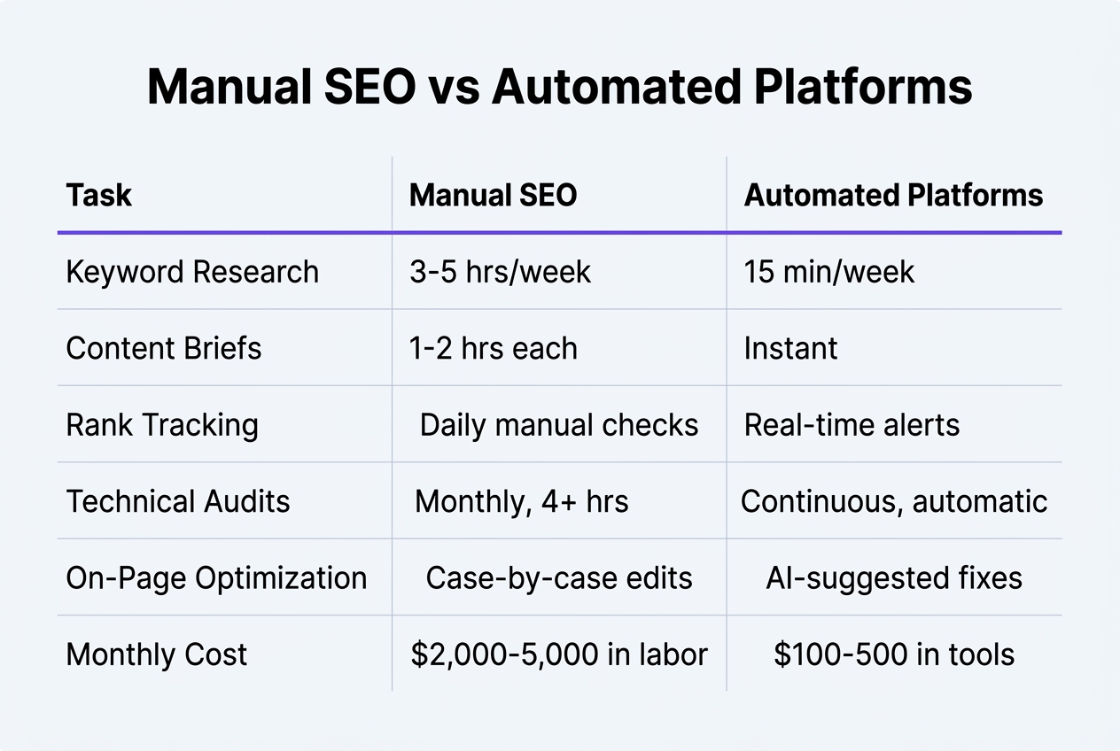 Infographic: Comparison table titled 'Manual SEO vs Automated Platforms'