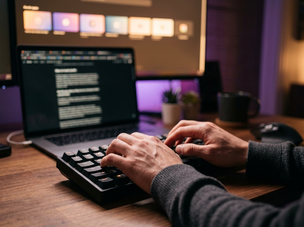 Close-up hands typing at keyboard while multiple browser tabs of draft articles glow softly in background