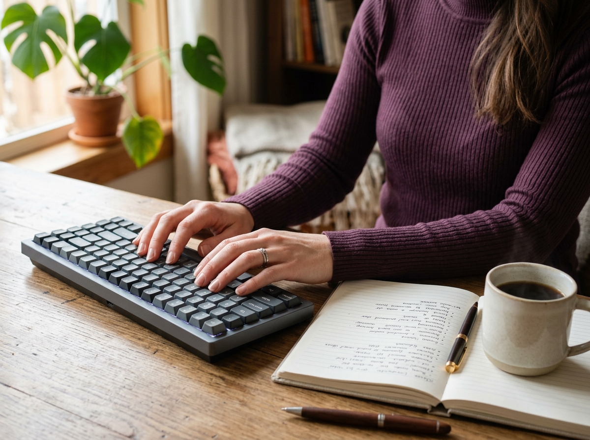 Close-up hands on keyboard beside notebook listing target keywords and a coffee cup