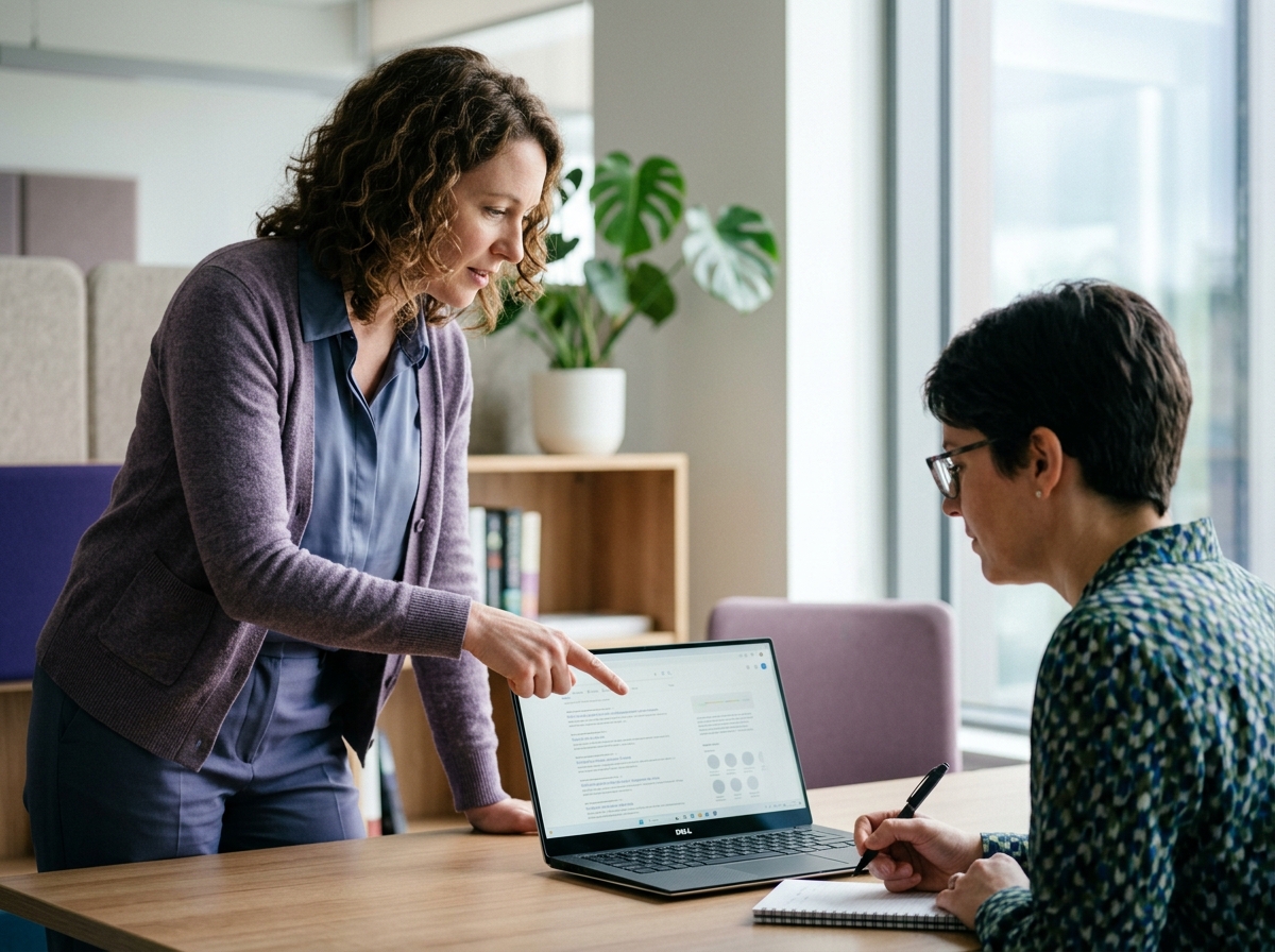Content strategist pointing at laptop screen showing search results list, colleague taking notes