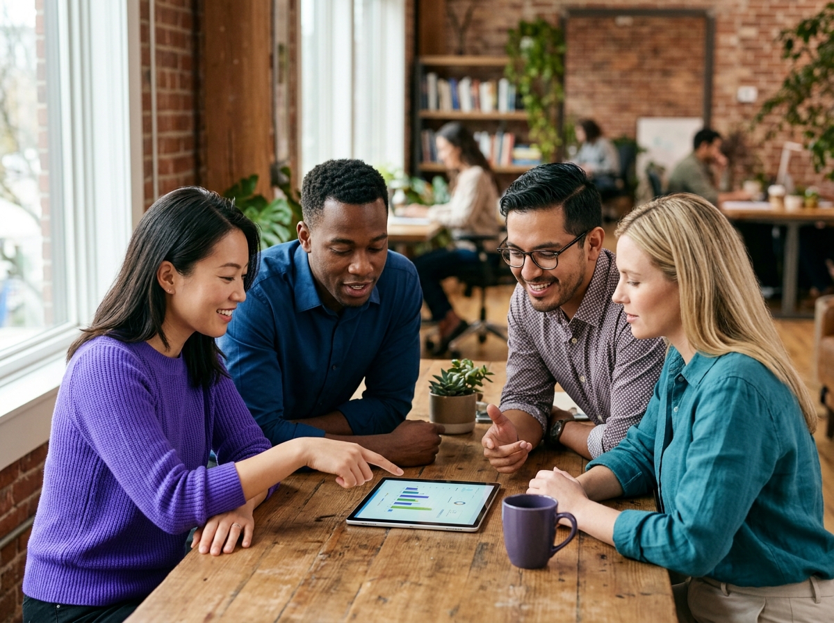 Diverse small team gathered around a table reviewing work on a tablet together