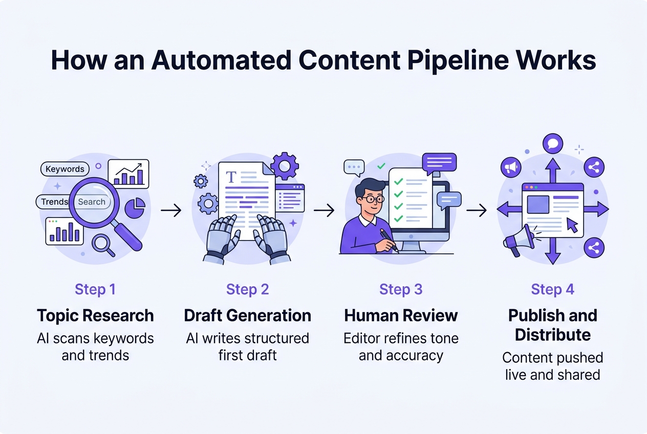 Infographic: A 4-step process flow titled 'How an Automated Content Pipeline Works'