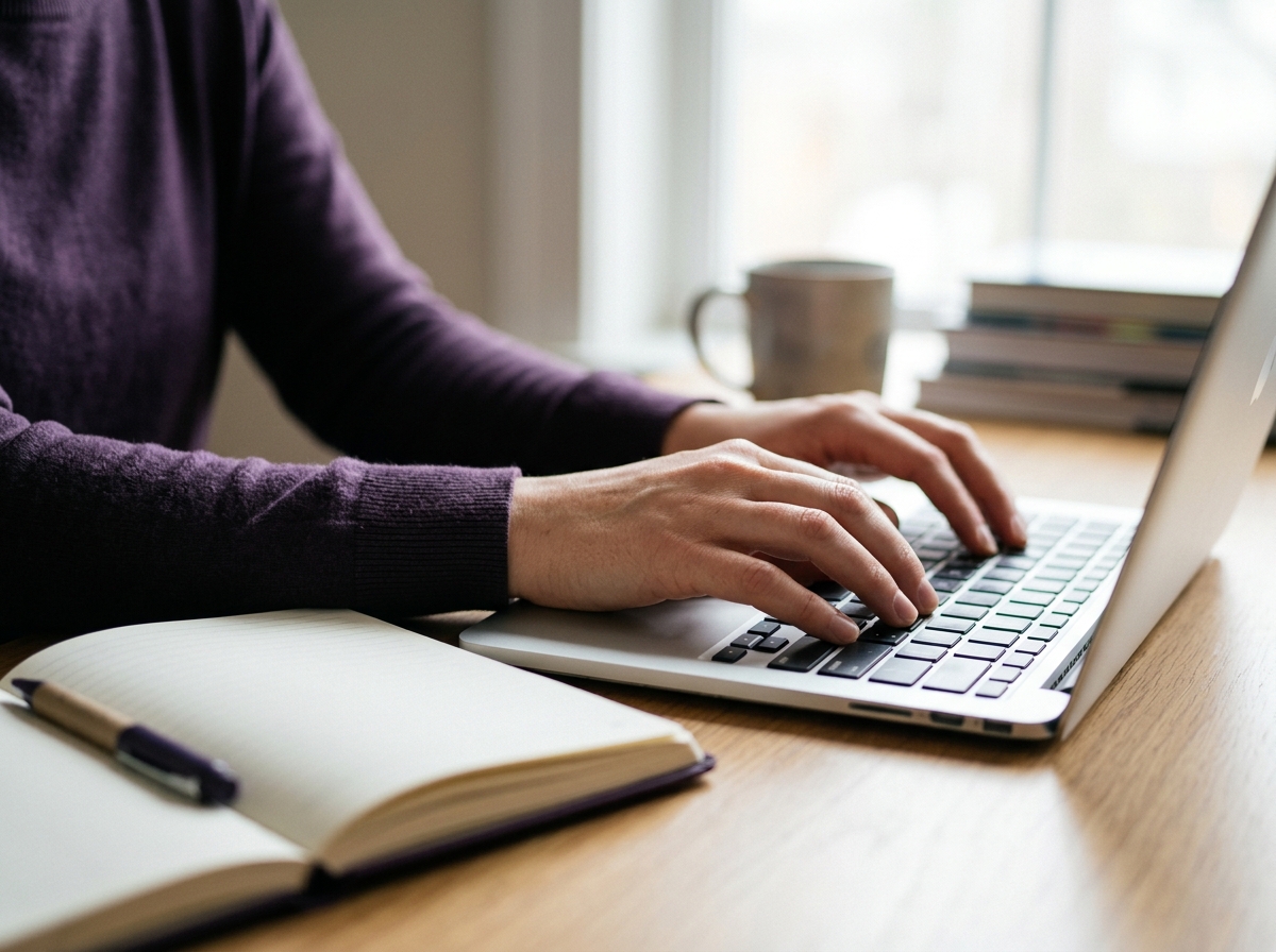 Close-up of hands typing on laptop keyboard beside a notebook and pen