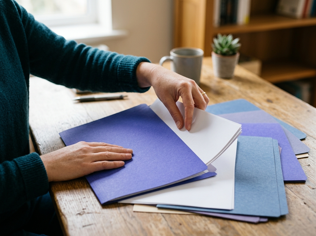 Marketer's hands sorting printed blog post pages into labeled folders on wooden desk