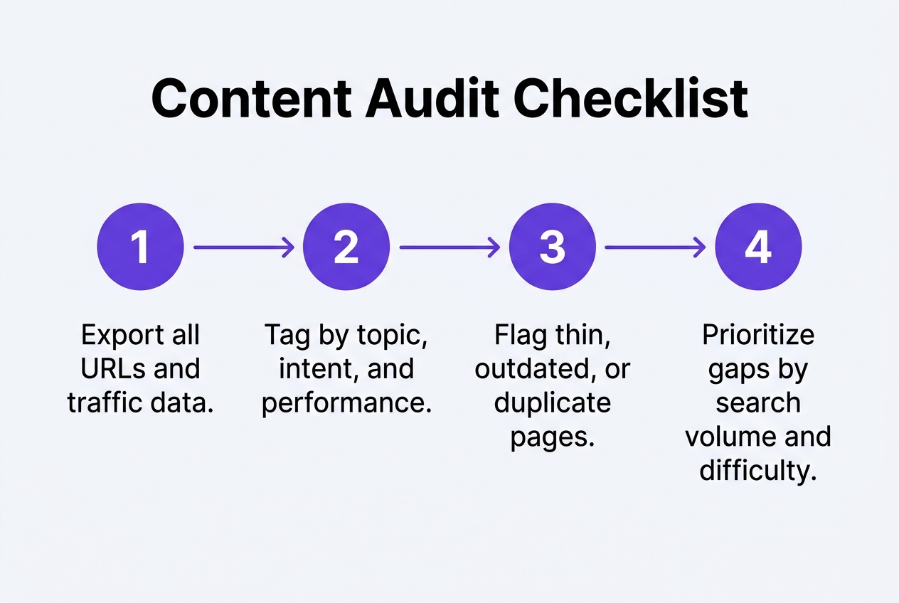 Infographic: A 4-step process flow titled 'Content Audit Checklist': 1) Export all URLs and traffic data 2) Tag by topic,