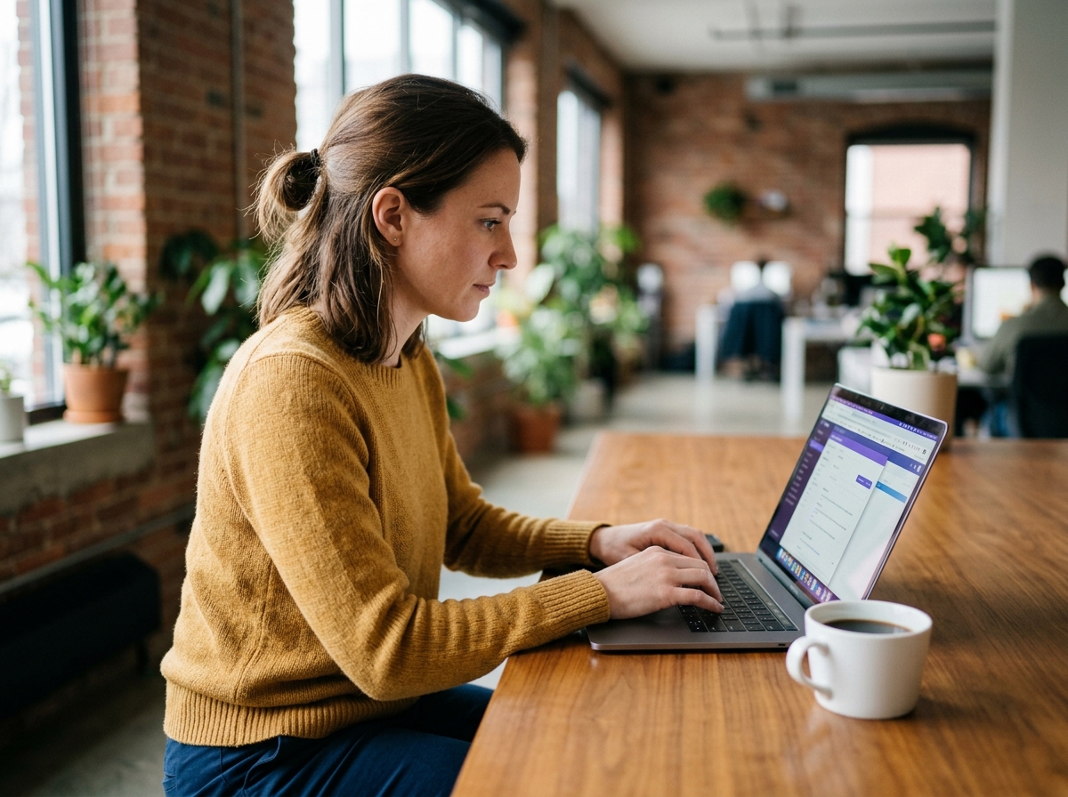 Marketer typing at laptop with multiple client website tabs open, coffee nearby