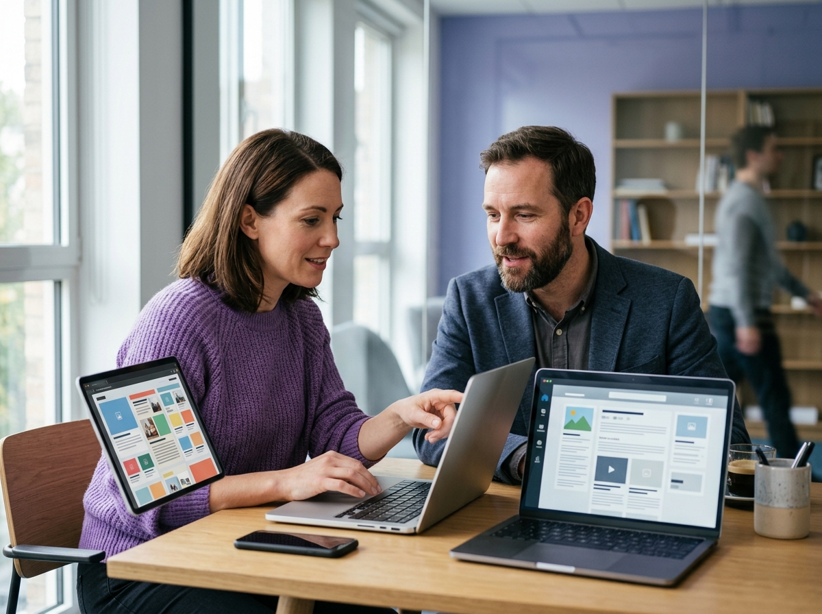 Two colleagues comparing laptop screens showing different SEO article layouts in meeting room