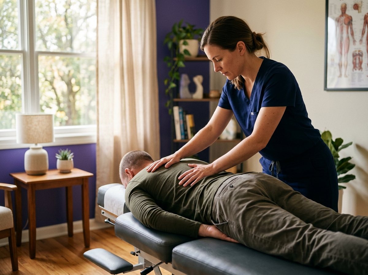 Chiropractor adjusting patient's back on treatment table in sunlit private practice room