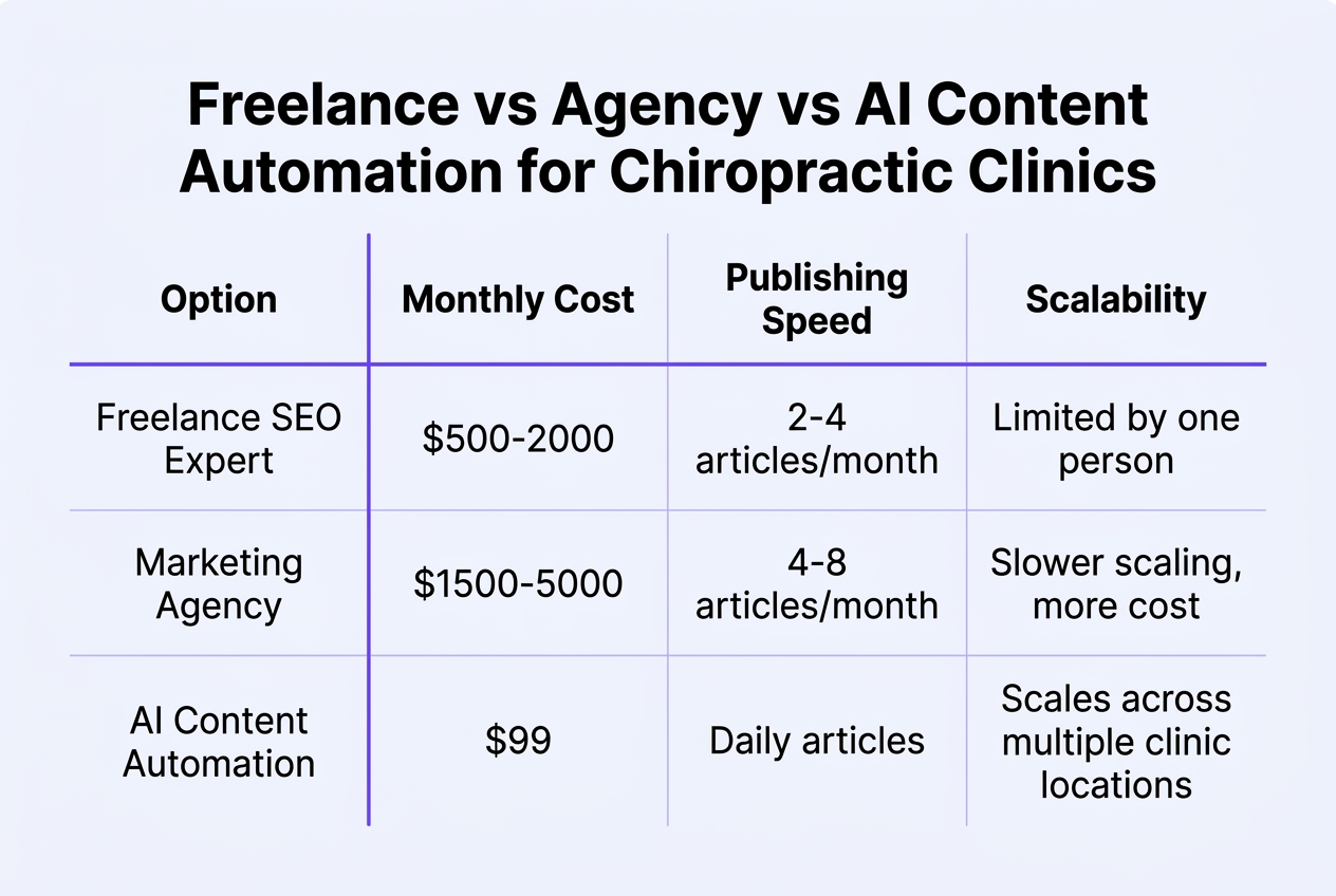 Infographic: Comparison table titled Freelance vs Agency vs AI Content Automation for Chiropractic Clinics