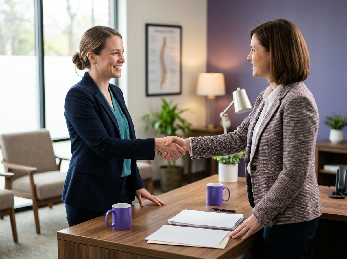 Chiropractic office manager shaking hands with consultant signing contract papers at wooden desk