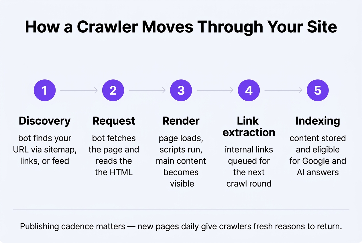Infographic: A 5-step process flow titled "How a Crawler Moves Through Your Site": 1) Discovery — bot finds your URL via