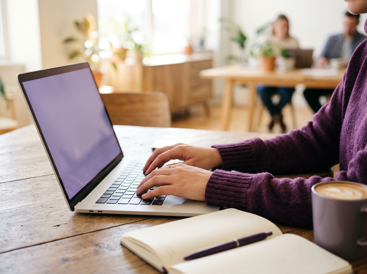 Close-up of hands typing on laptop keyboard beside a notebook and coffee mug in bright office