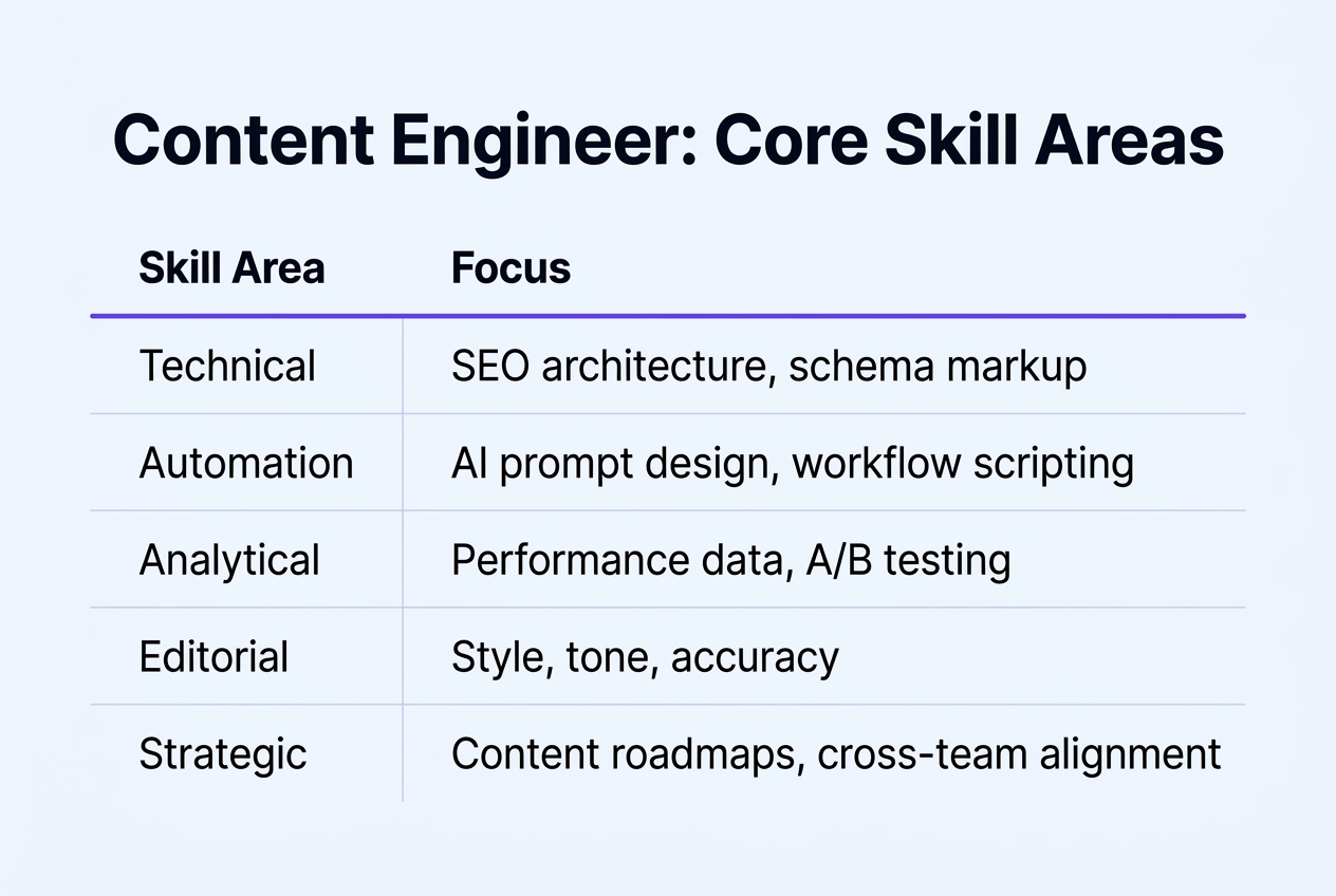 Infographic: Comparison table titled 'Content Engineer: Core Skill Areas'