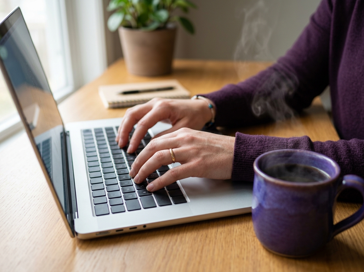 Close-up of hands typing on a laptop keyboard beside a steaming coffee cup at a desk