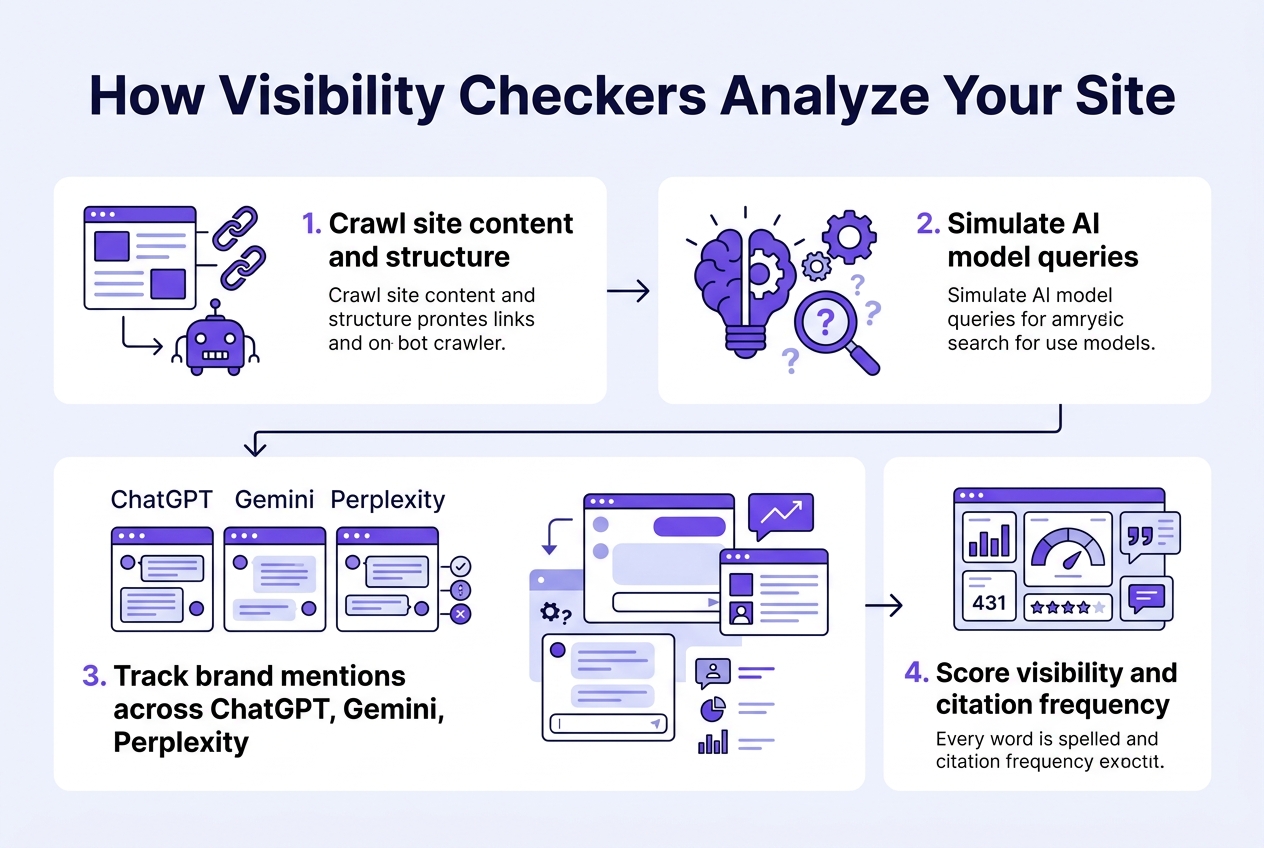 Infographic: A 4-step process flow titled 'How Visibility Checkers Analyze Your Site'