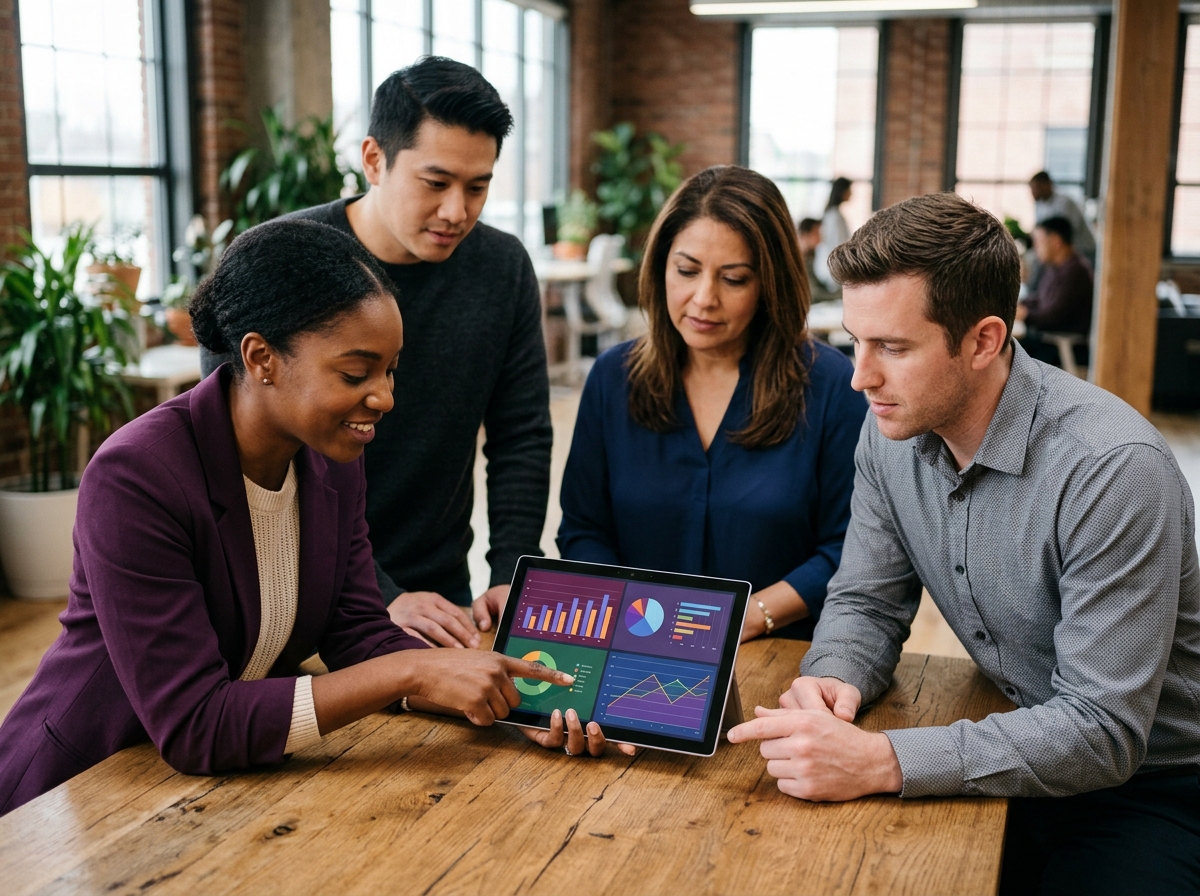 Team gathered around a table pointing at colorful graphs displayed on a tablet screen