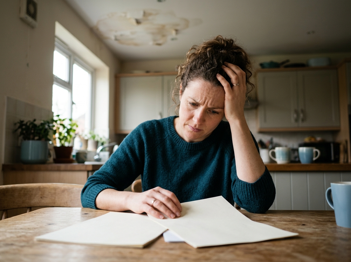 Frustrated homeowner reviews paperwork at kitchen table, water-damaged ceiling visible in background