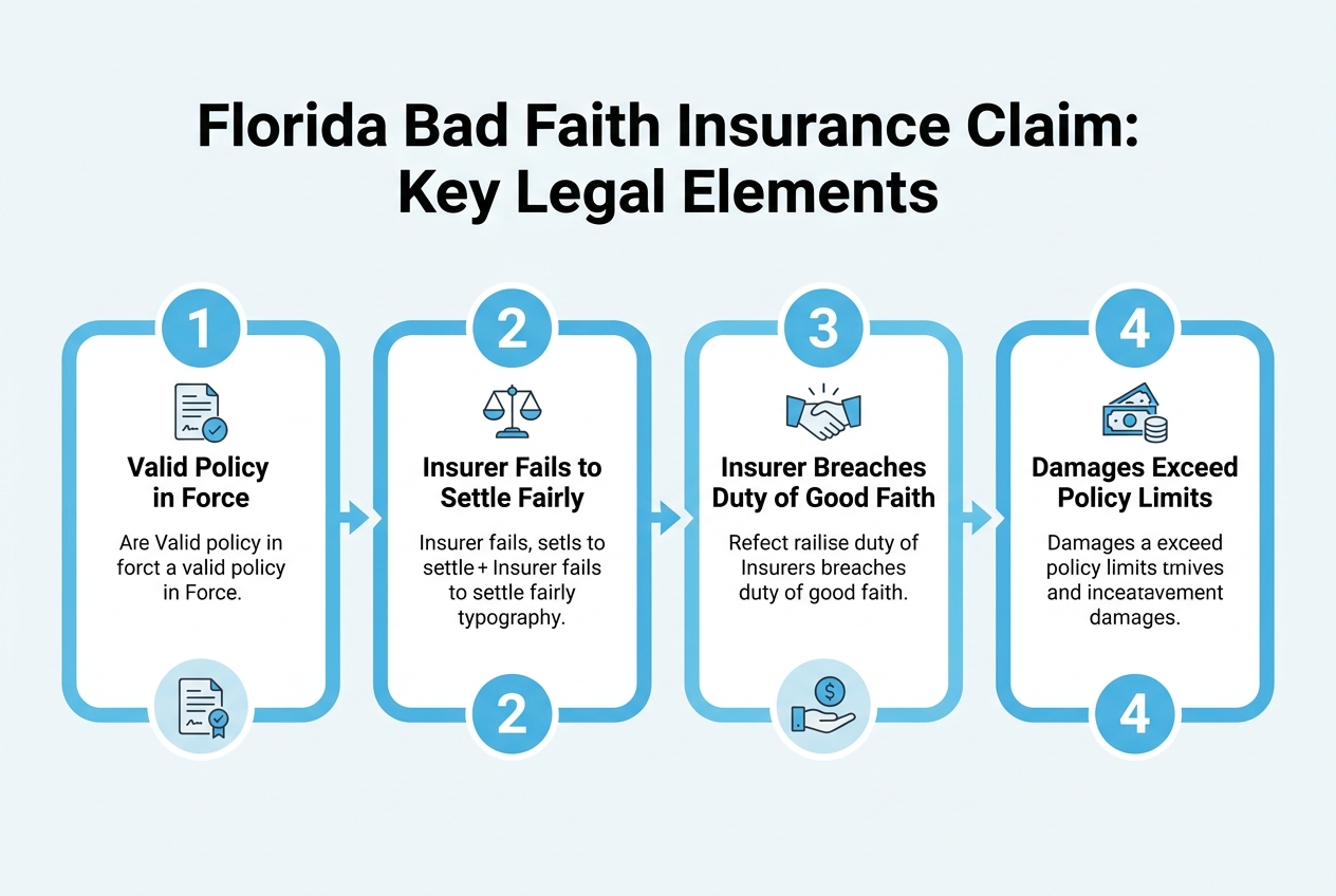 Infographic: 4-step process titled 'Florida Bad Faith Insurance Claim: Key Legal Elements'