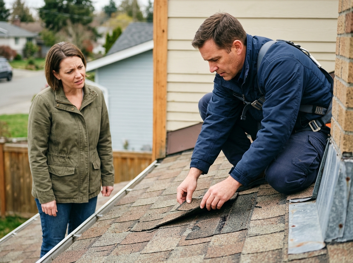 Insurance adjuster inspects damaged roof shingles with clipboard-free hands, homeowner watching skeptically nearby